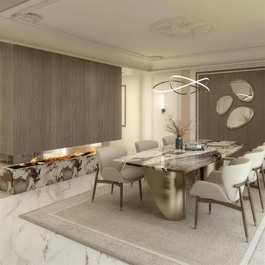 Randare 3D: dining cu masă din marmură pe bază de alamă, scaune crem, oglinzi și șemineu