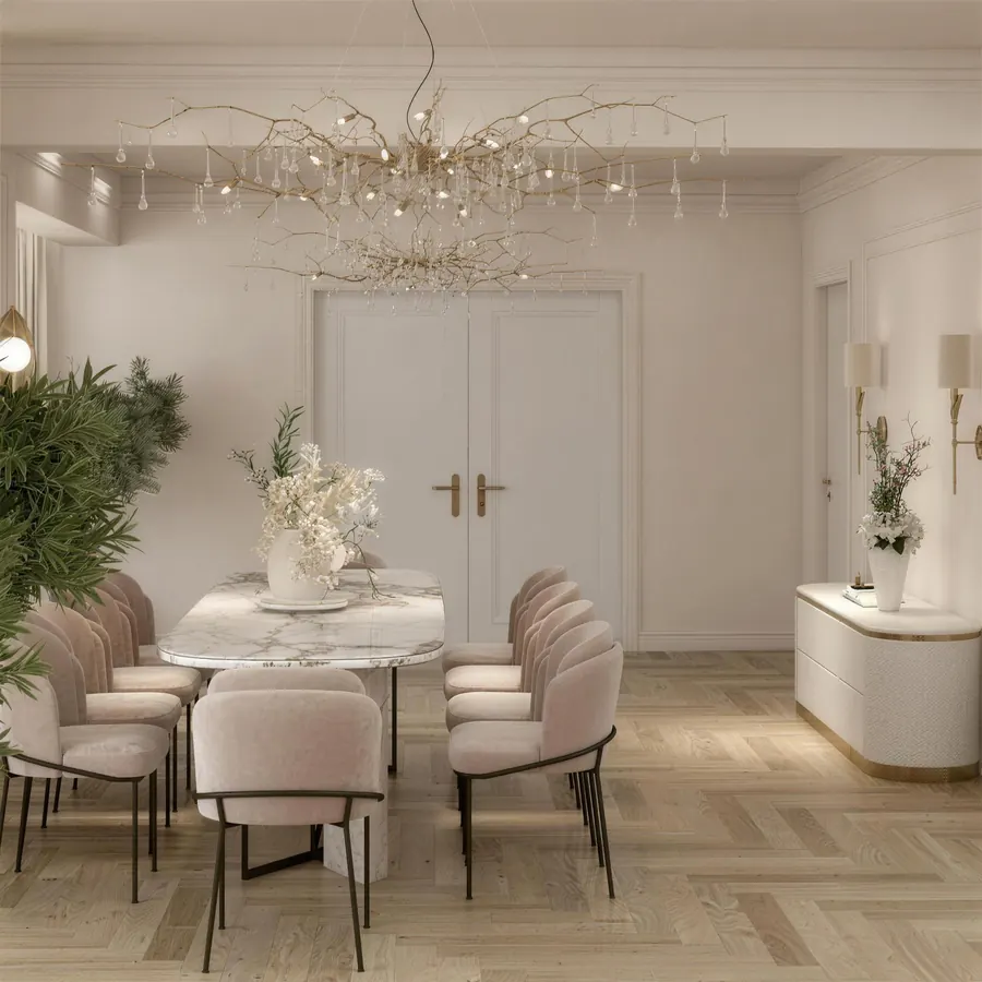 Randare 3D: dining cu scaune roz pudrat, consolă albă curbată și candelabru din ramuri aurii