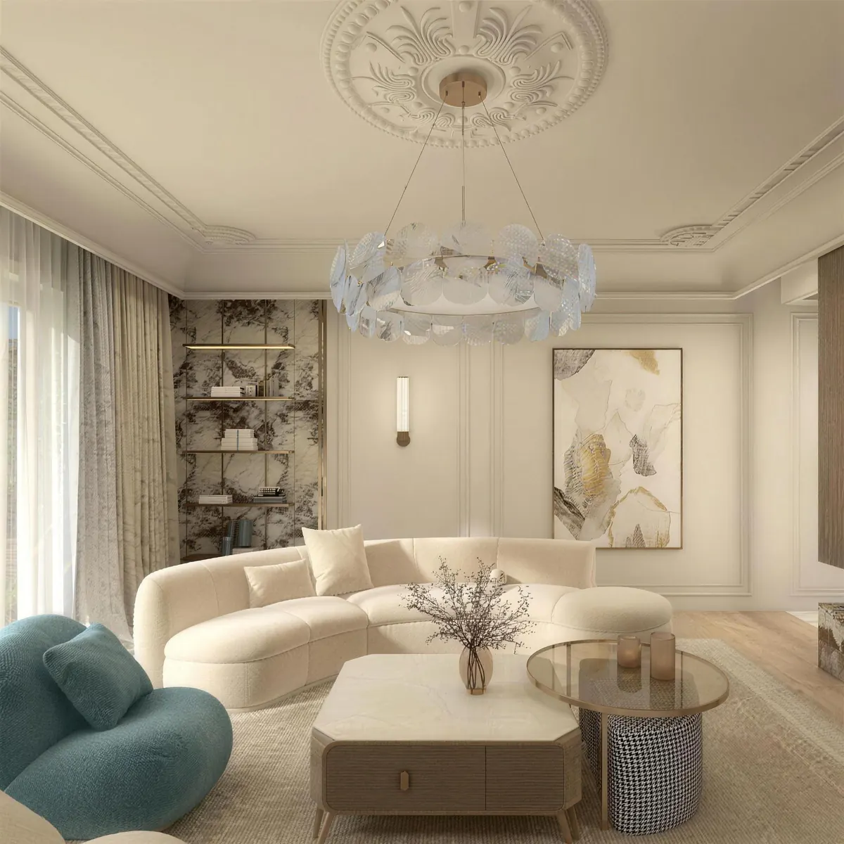 Randare 3D: living cu canapea curbă crem, fotoliu turcoaz, măsuțe din marmură și sticlă și candelabru inelar sub o rozetă de tavan