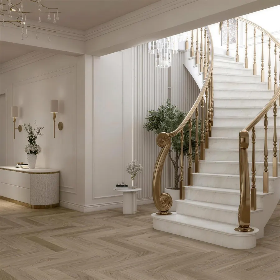 Randare 3D: scară curbă din marmură albă cu balustradă din alamă și volută la bază
